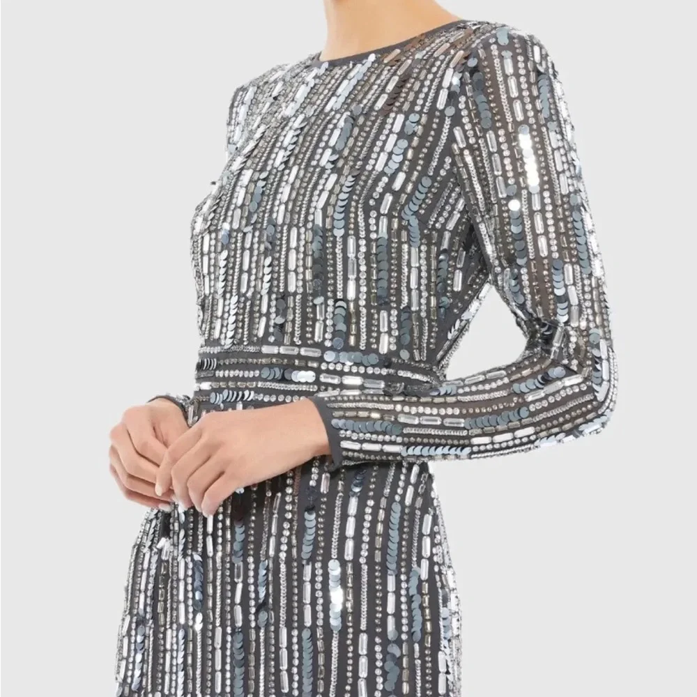 NWT Mac Duggal Embellished Dark Grey Long Sleeve Sheath Dress, size 6 - Picture 3 of 6